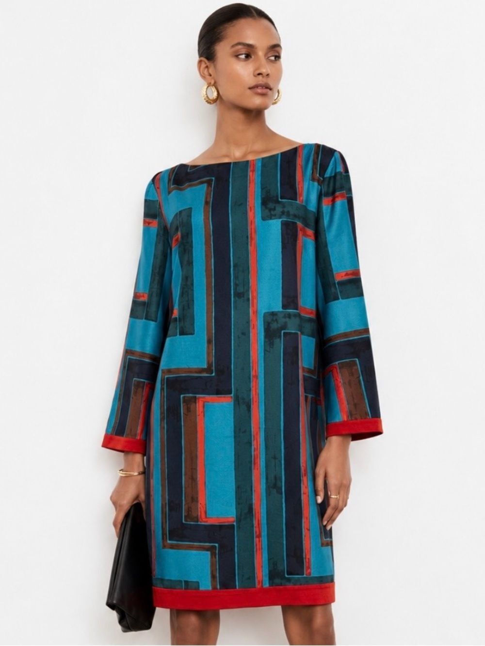 ELIZA J Teal and Red Geometric Long Sleeve Shift Dress Size 12